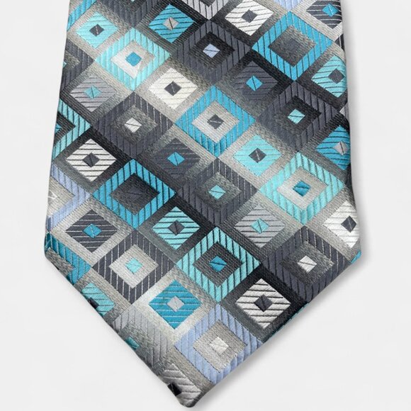 Croft & Barrow Tie Turquoise Silver Geometric Checker Formal Professional - Picture 1 of 6